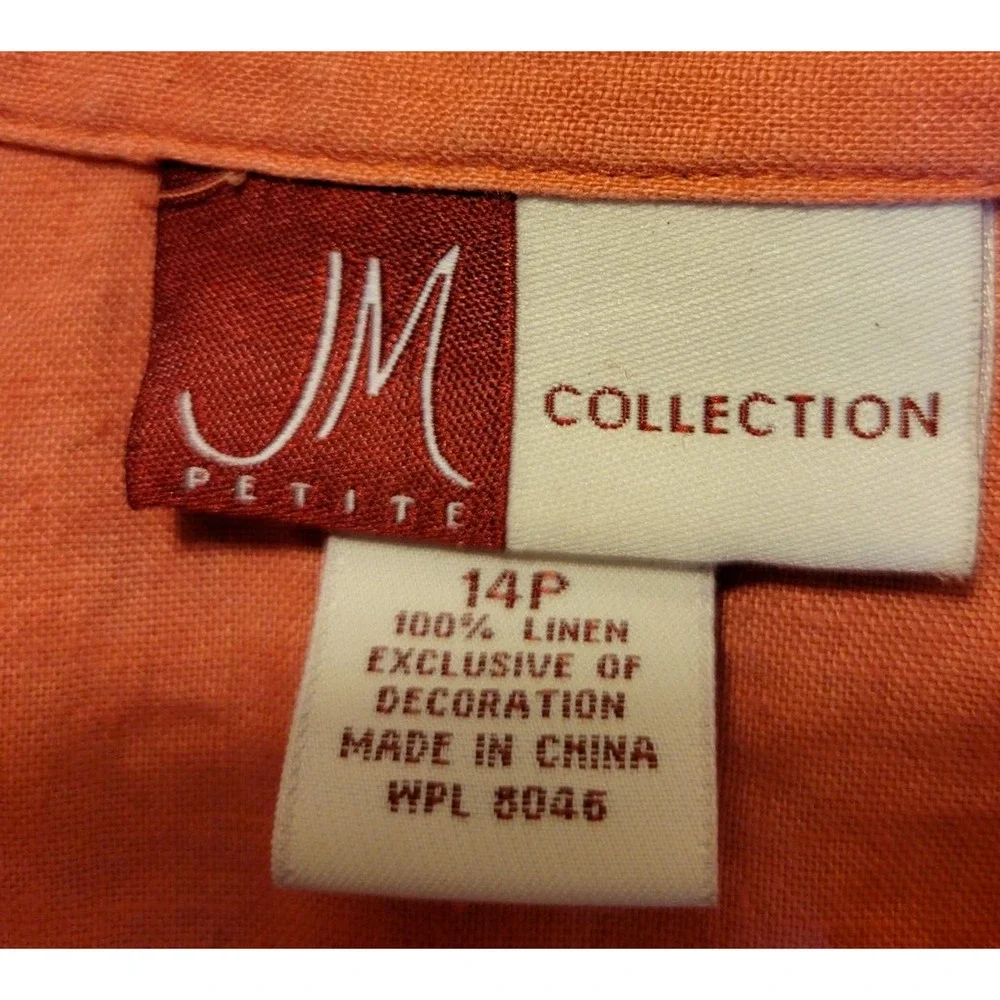JM Collection Peach Embroidered 100% linen 3/4 Sleeve‎ Top Women's Size 14P